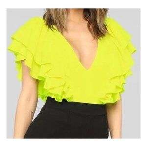 Fashion Nova - Neon Yellow Ruffle V Bodysuit